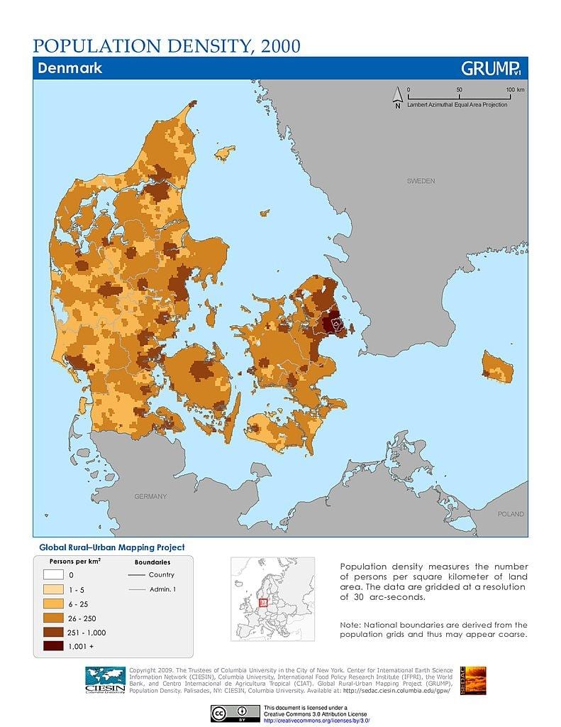 dānija iedzīvotāju blīvums karte